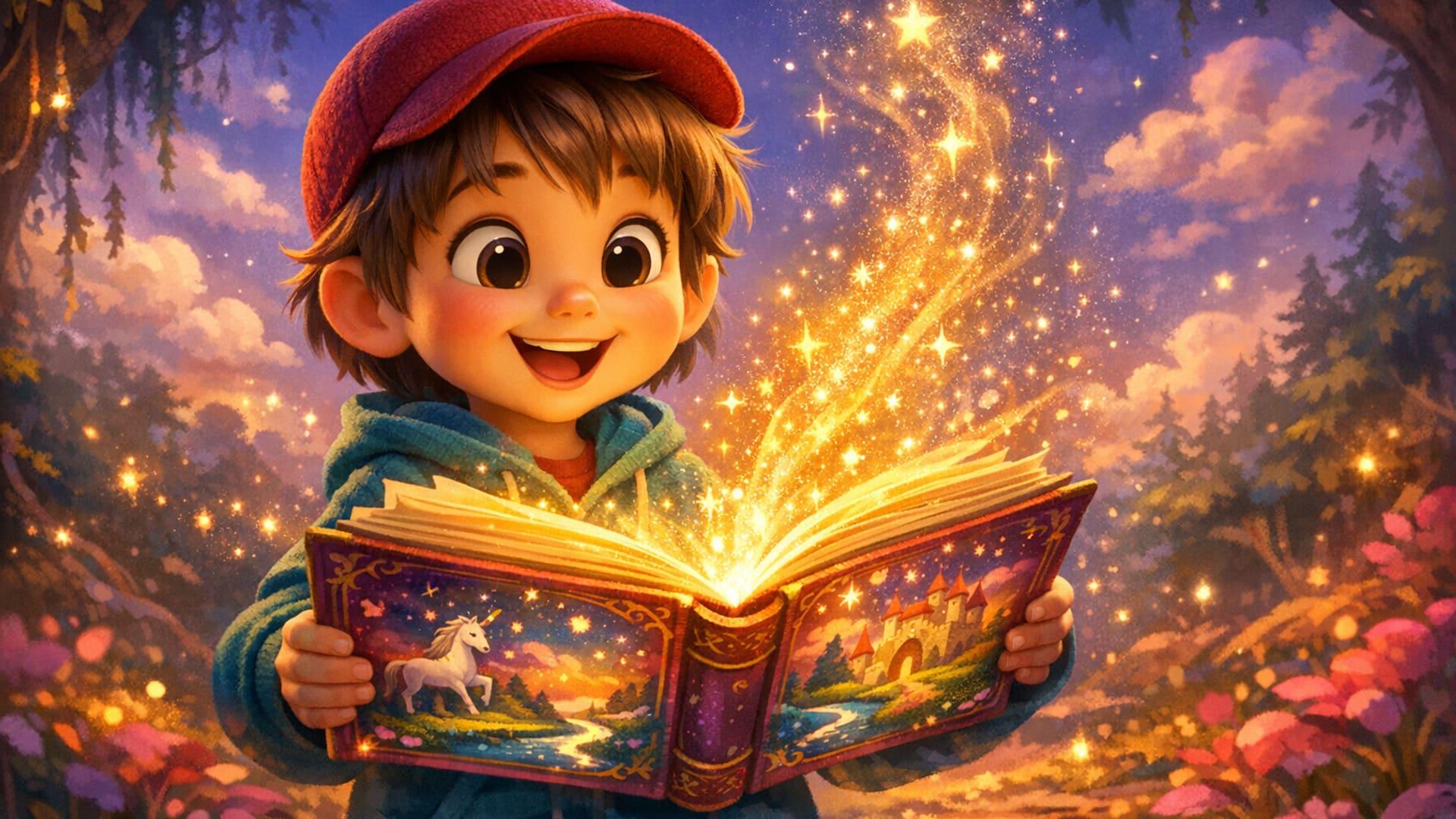 A magical open storybook with AI-generated illustrations coming to life — dreamy watercolor style