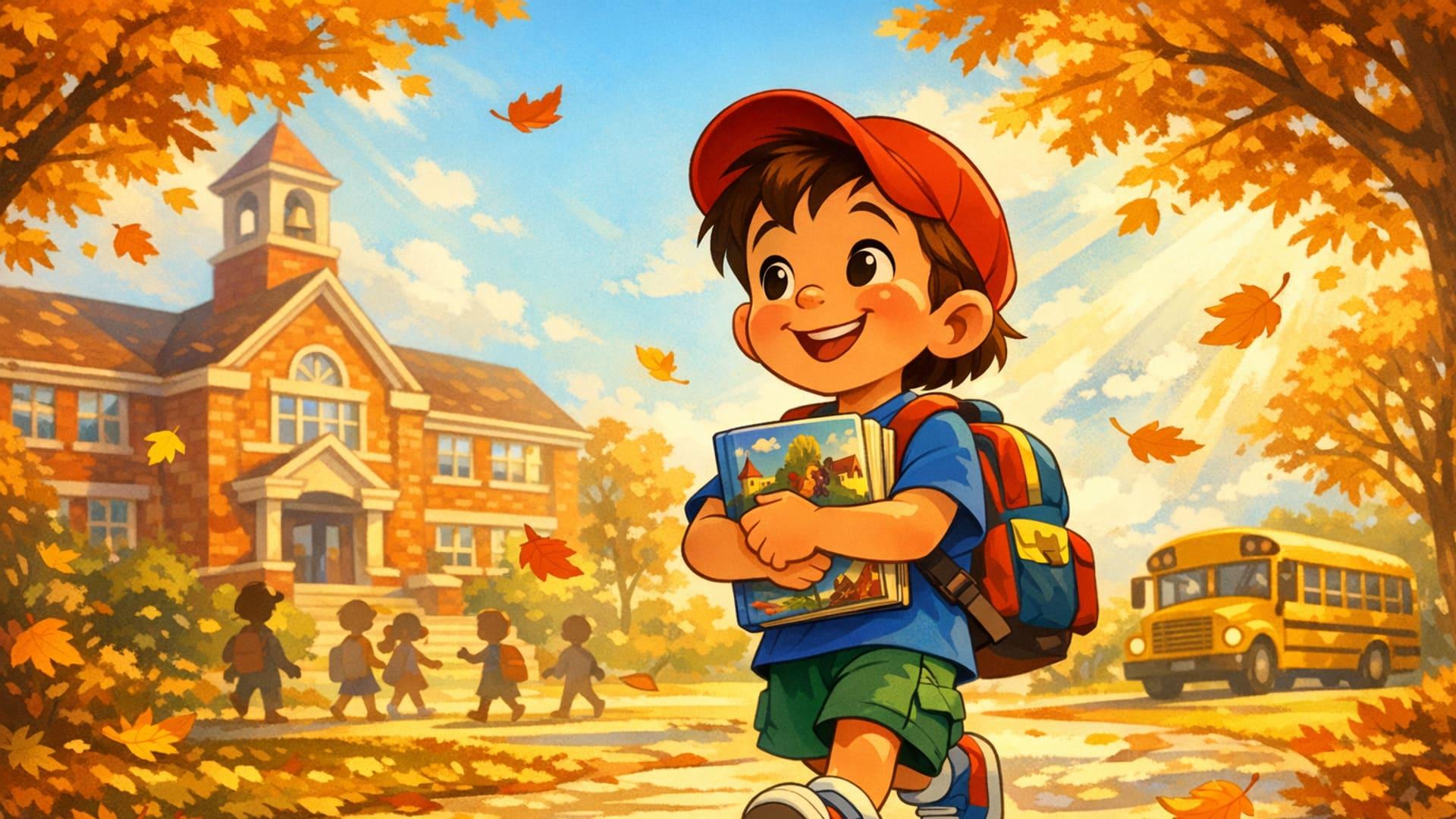 A child holding a backpack and a personalized storybook on the first day of school — Fairy Tale style illustration