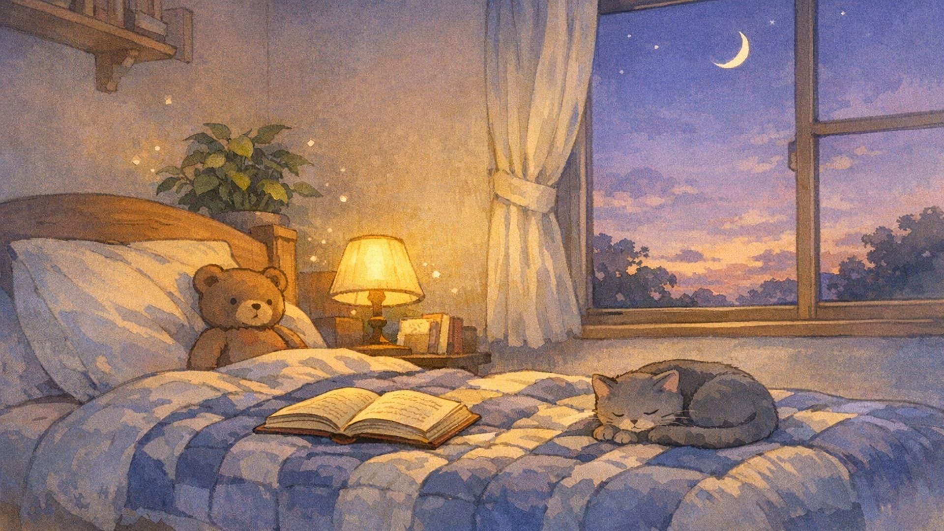 A peaceful bedroom at dusk with a soft reading lamp glowing over an open storybook on a child's bed — Studio Ghibli style