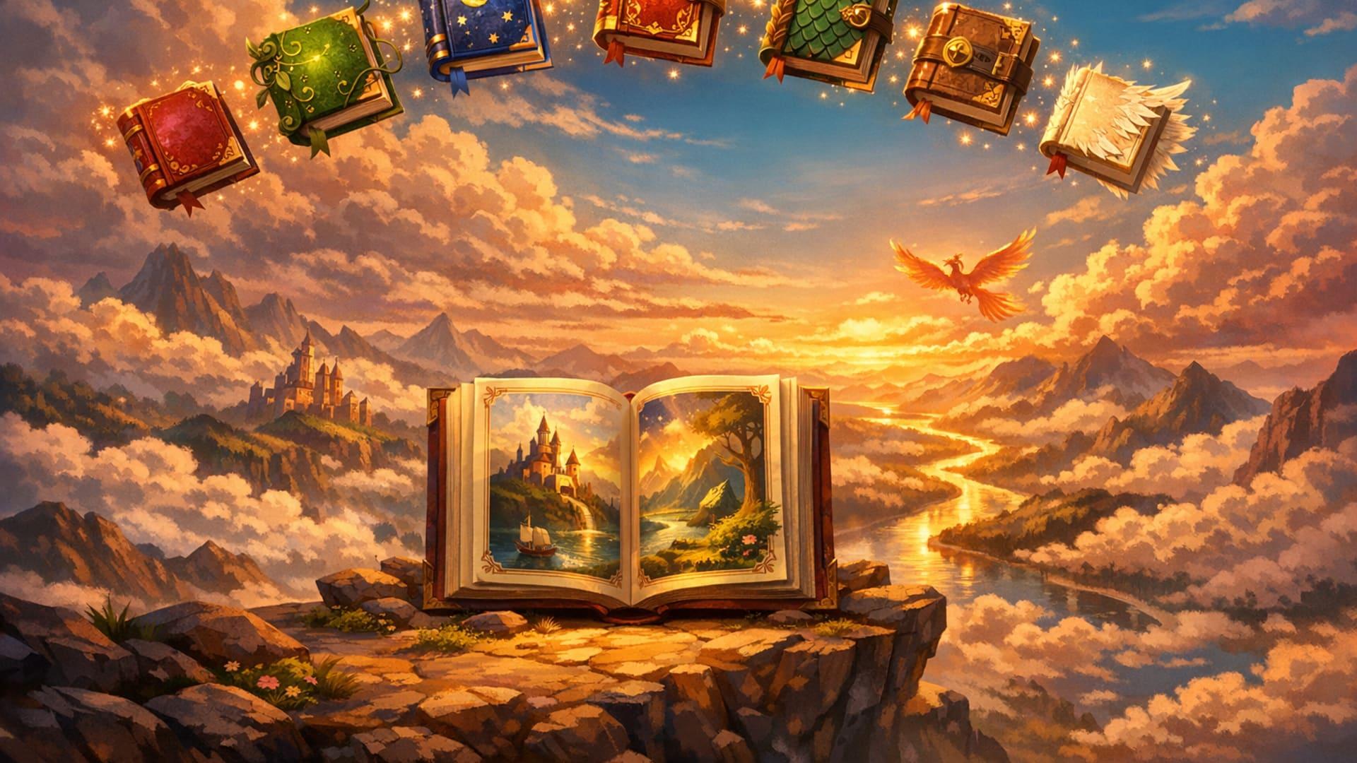 A glowing magical storybook floating above an enchanted forest at dusk, rendered in Cinematic 3D adventure style
