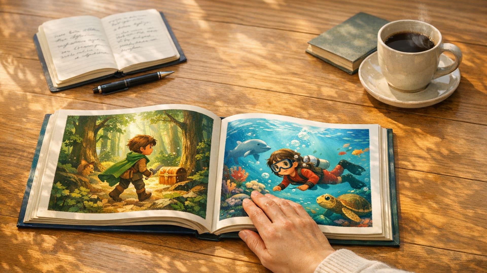 Two open hardcover personalized children's books on a wooden table, a parent's hand comparing them — overhead realistic photo style