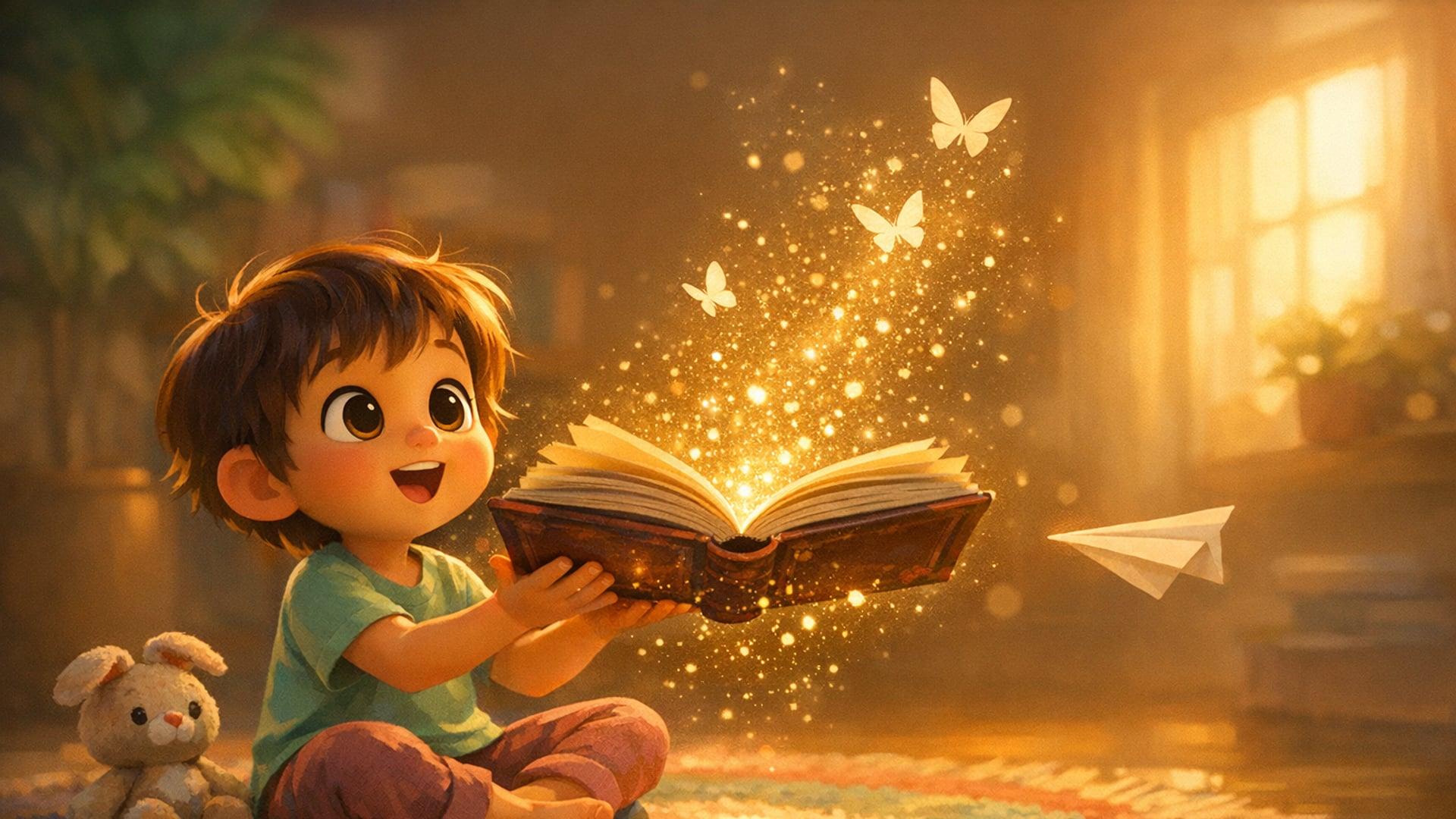 A child looking with wonder at an open storybook glowing softly, cinematic 3D Cartoon style close-up illustration with warm rim lighting