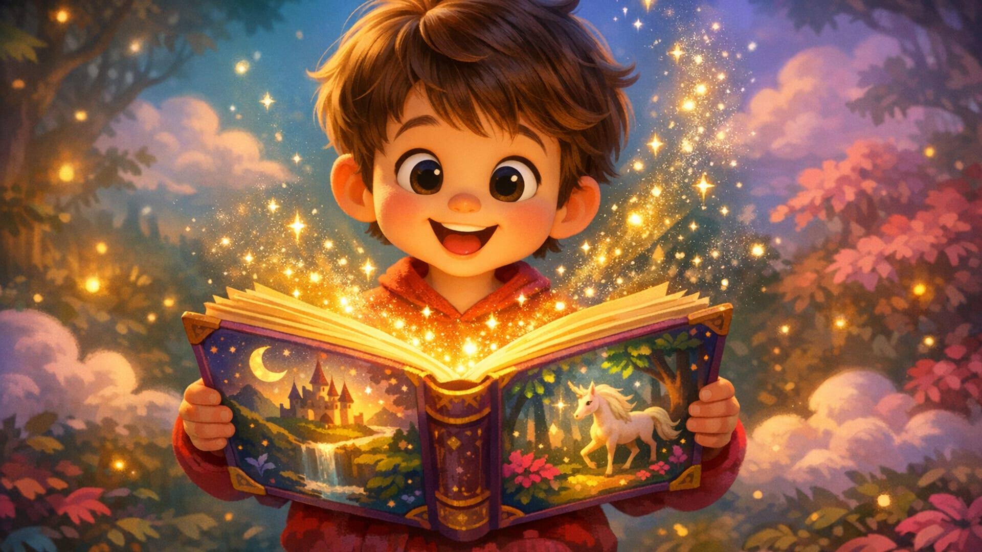 A young child reading a magical personalized storybook in a warm fairy-tale atmosphere