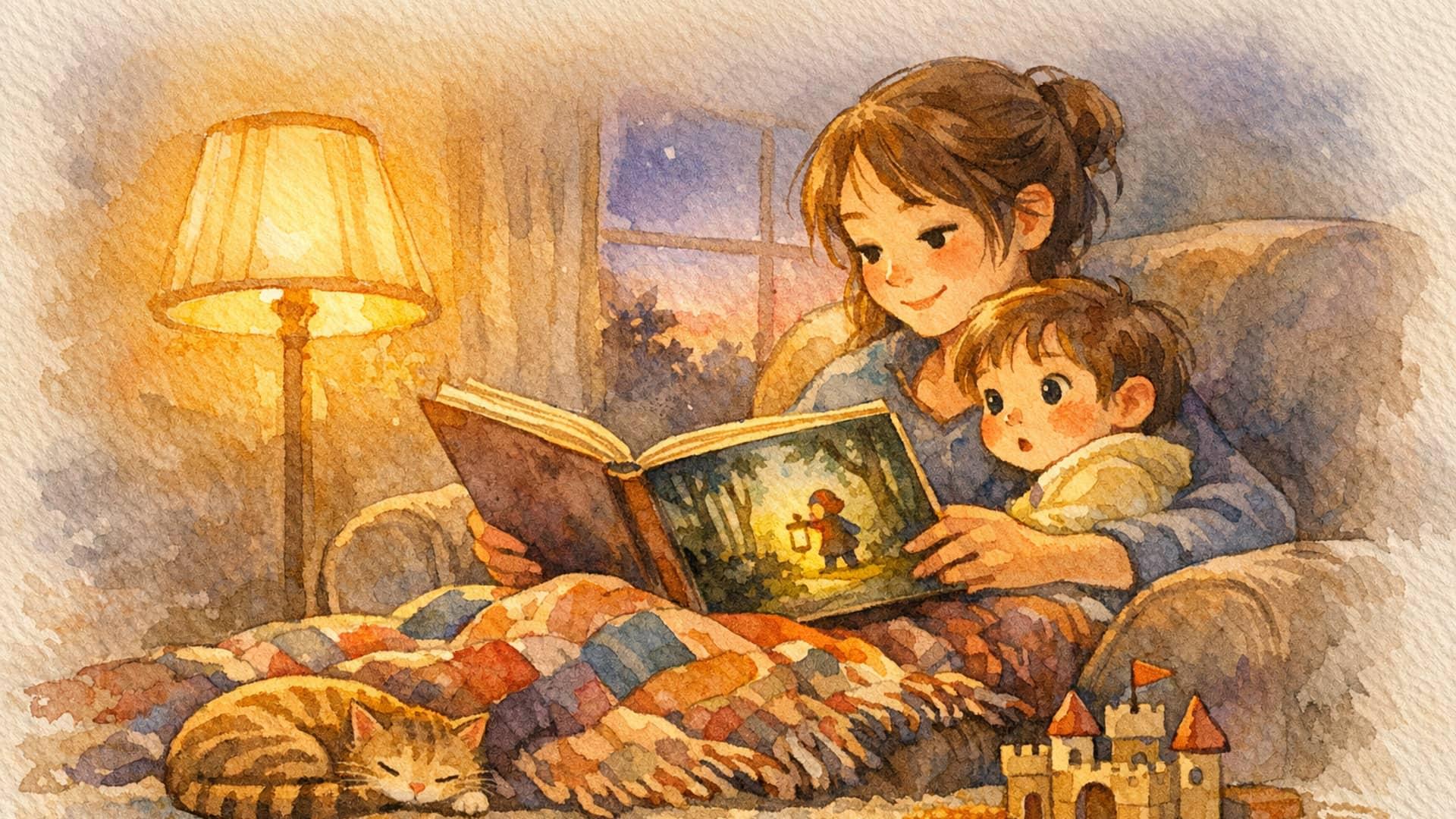 Уютная сцена: открытая книга на коленях у мамы, ребёнок слушает, мягкий свет настольной лампы — акварельная иллюстрация