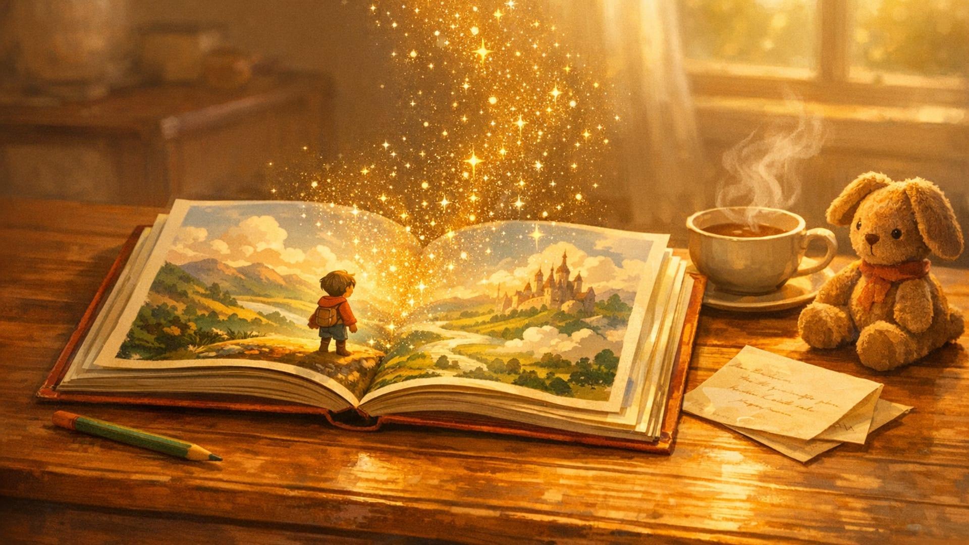 Открытая детская книга с фотореалистичной иллюстрацией ребёнка-героя, сгенерированной нейросетью