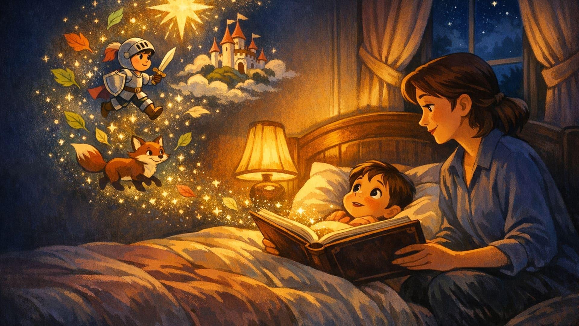 A parent reading a personalized storybook to their child by a warm nightlight — classic Disney-style 2D illustration