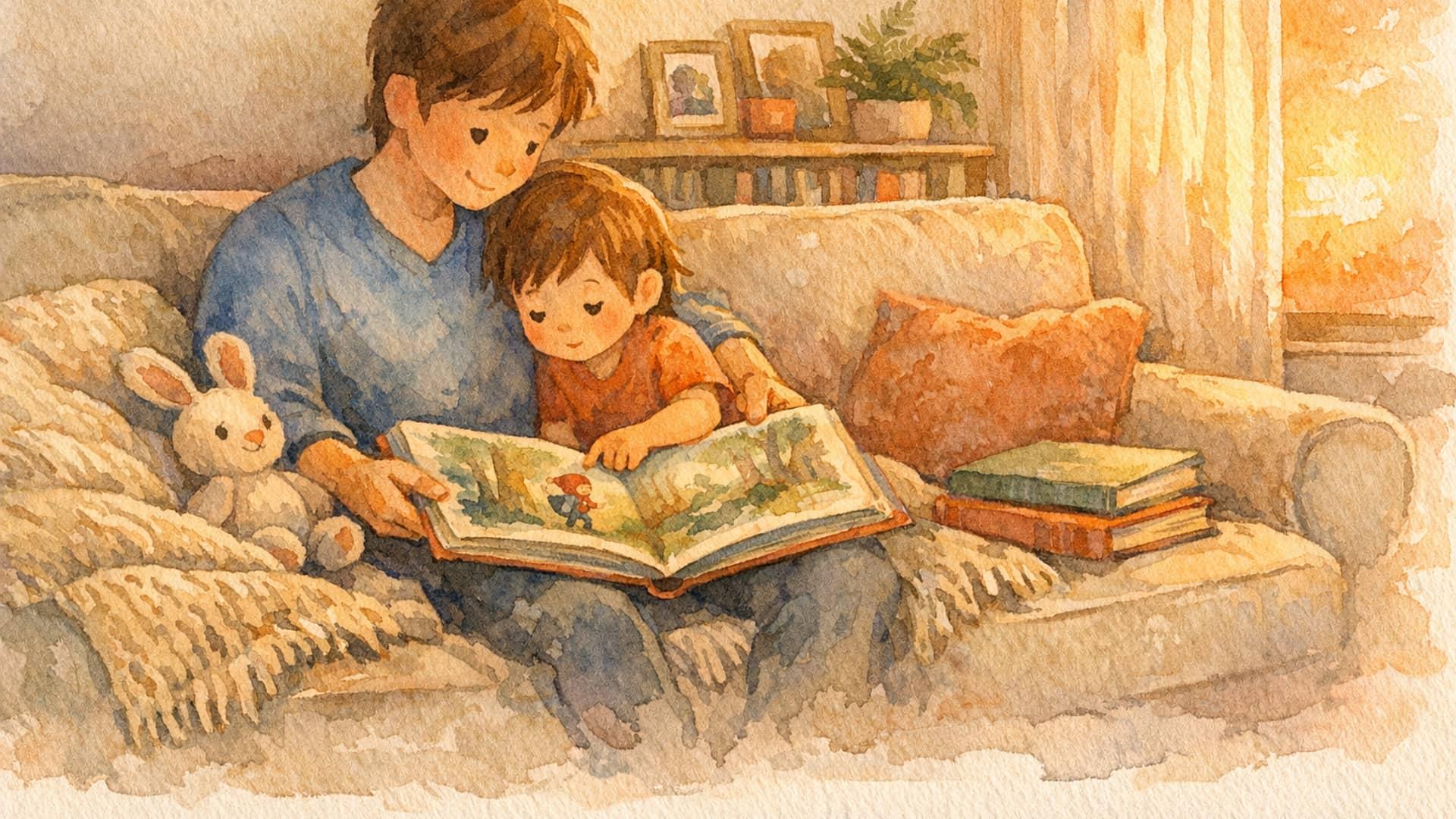 A warm watercolor scene of a parent and child reading a personalized storybook together in soft afternoon light