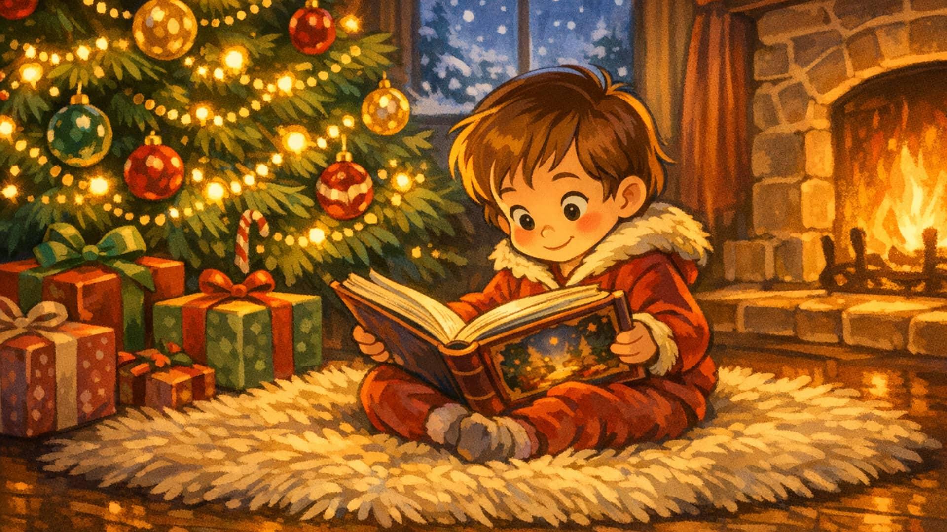 A child reading a personalized Christmas storybook by a Christmas tree — Fairy Tale style illustration