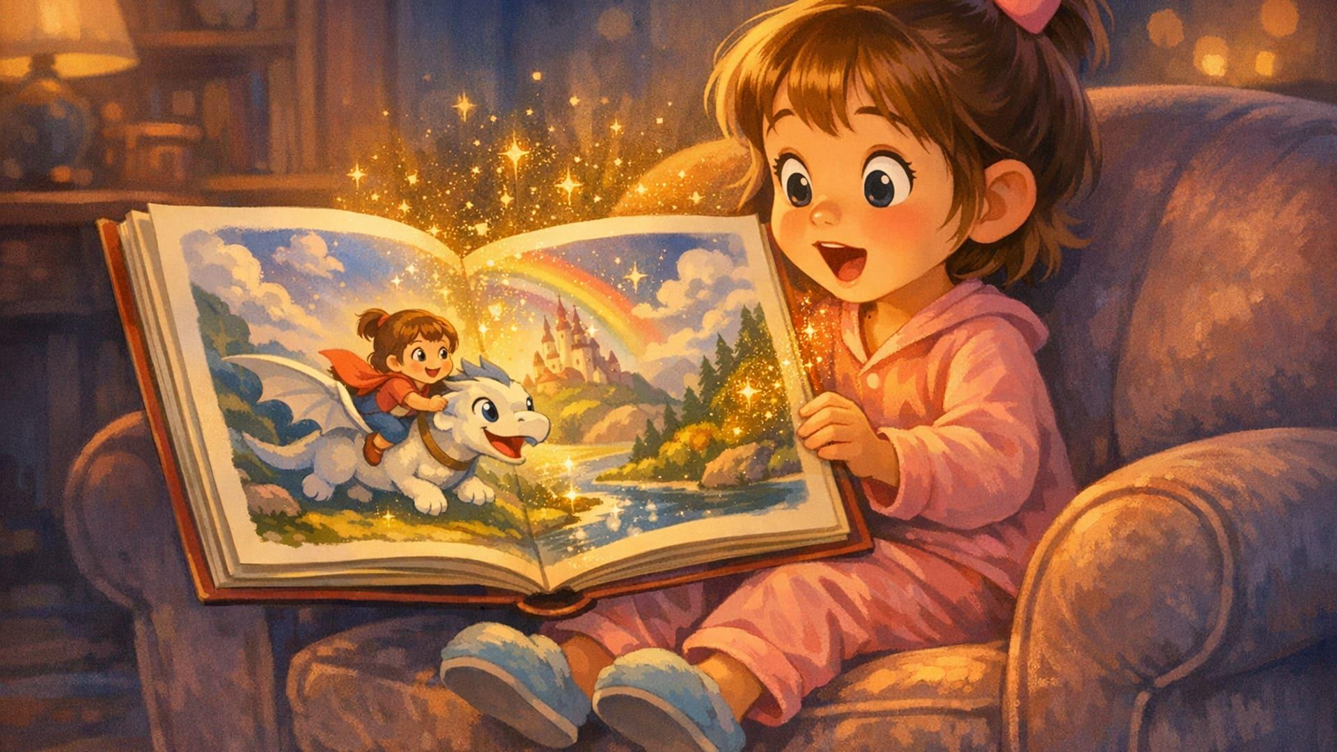 Ребёнок открывает книгу, на развороте которой узнаёт себя в роли главного героя сказки