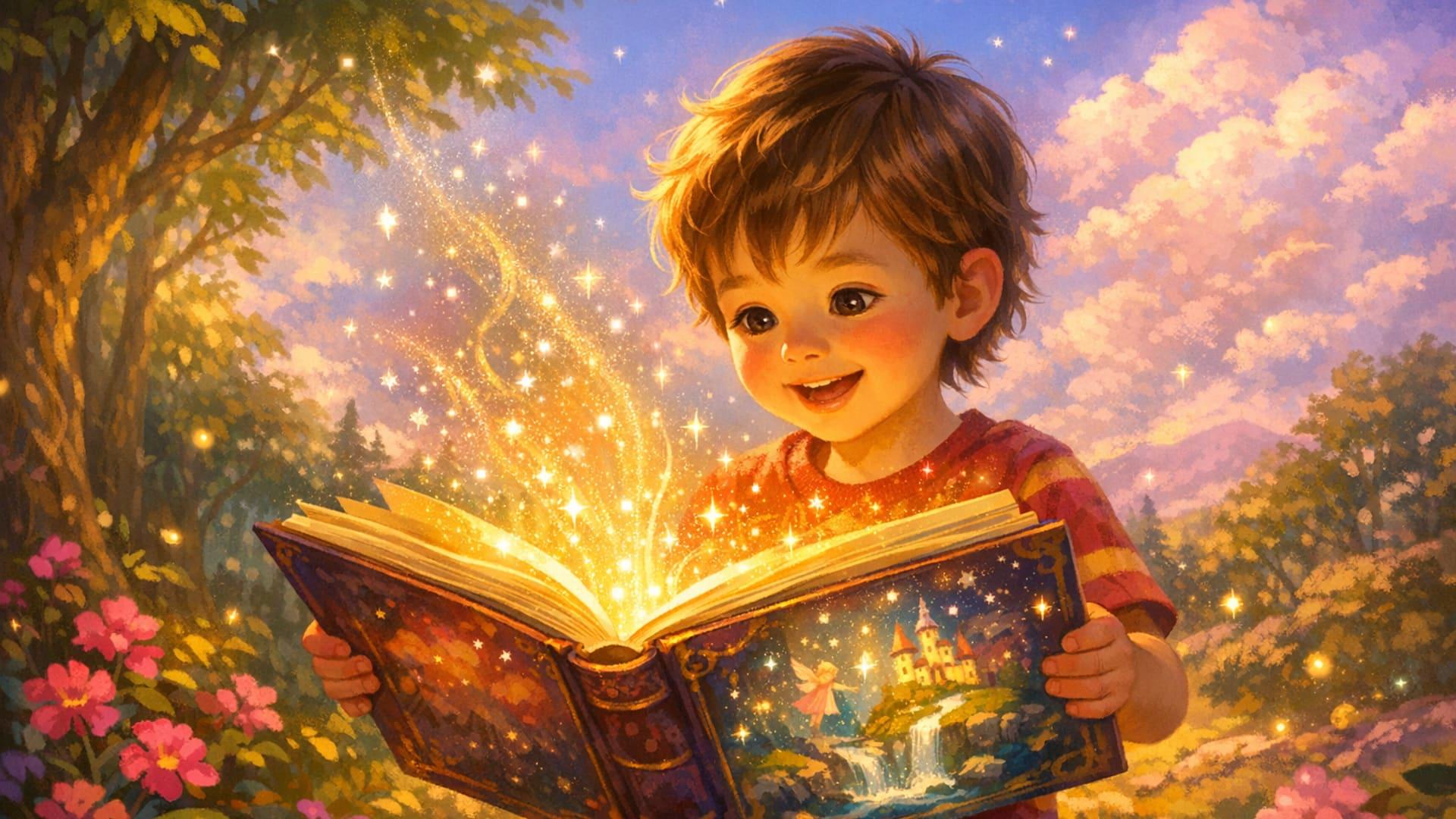 Стол с разложенными персонализированными подарками для ребёнка — книга, пазл, игрушка, фотоальбом — в реалистичной книжной иллюстрации