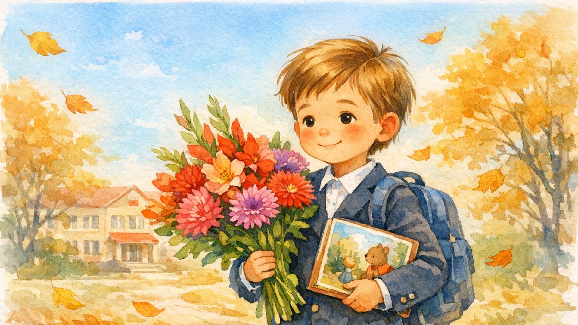 Первоклассник с букетом и книгой идёт в школу 1 сентября — тёплая акварельная иллюстрация