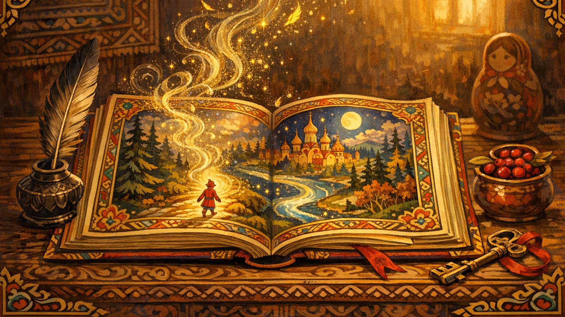 Открытая сказочная книга на старинном деревянном столе, иллюстрация в стиле русской народной сказки с тёплым светом лампы