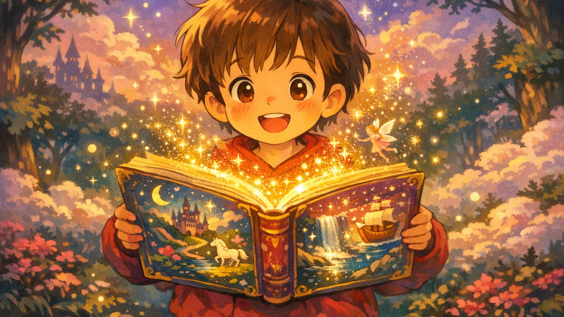 A toddler excitedly opening a birthday present surrounded by colorful decorations — anime-style illustration
