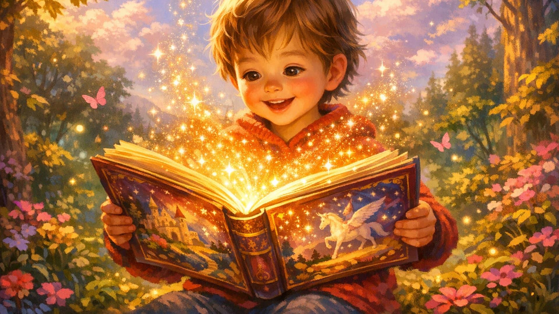 A parent and a young child reading a picture book together in soft afternoon light β realistic, warm illustration