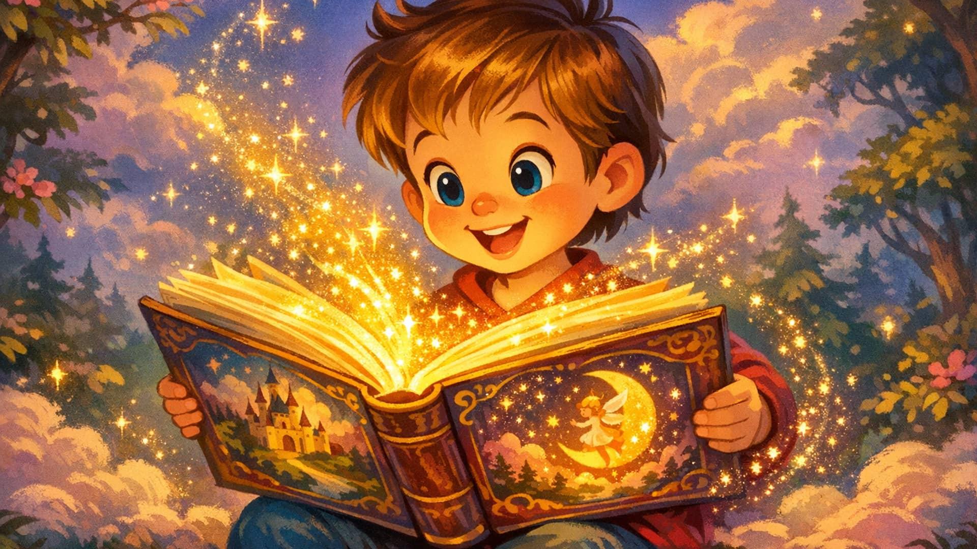 A child opening a wrapped personalized book and discovering their own name and photo inside β bright Fairy Tale style illustration